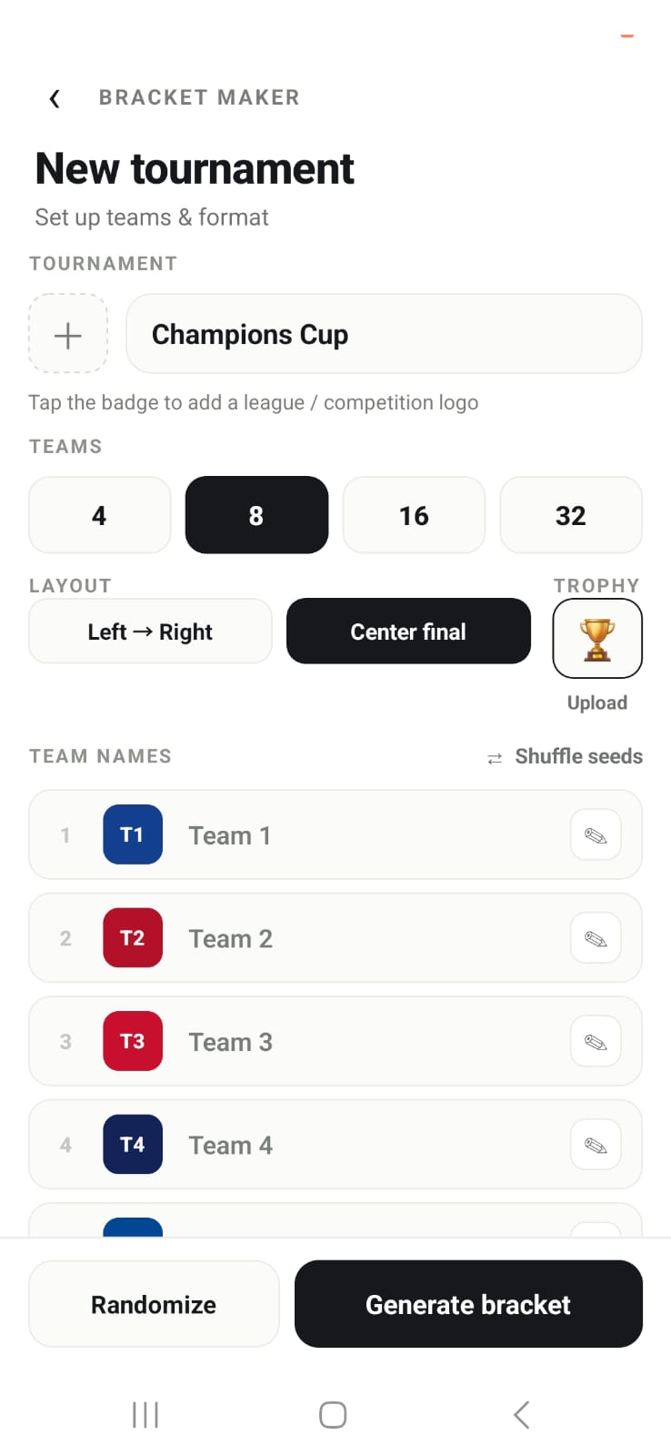 App Renderfoot — criador de chaveamento de torneio