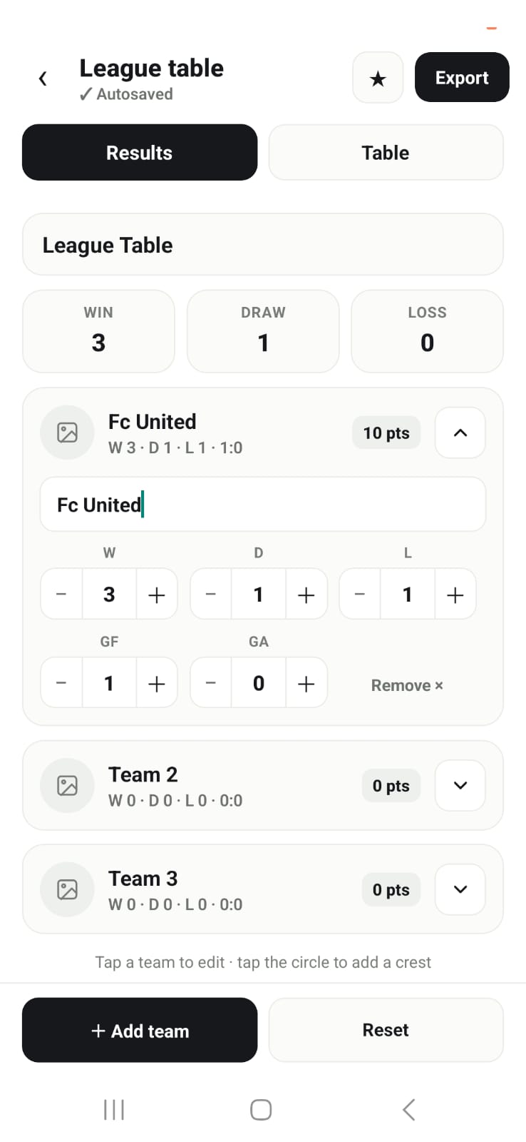 App Renderfoot — editor de tabela de classificação