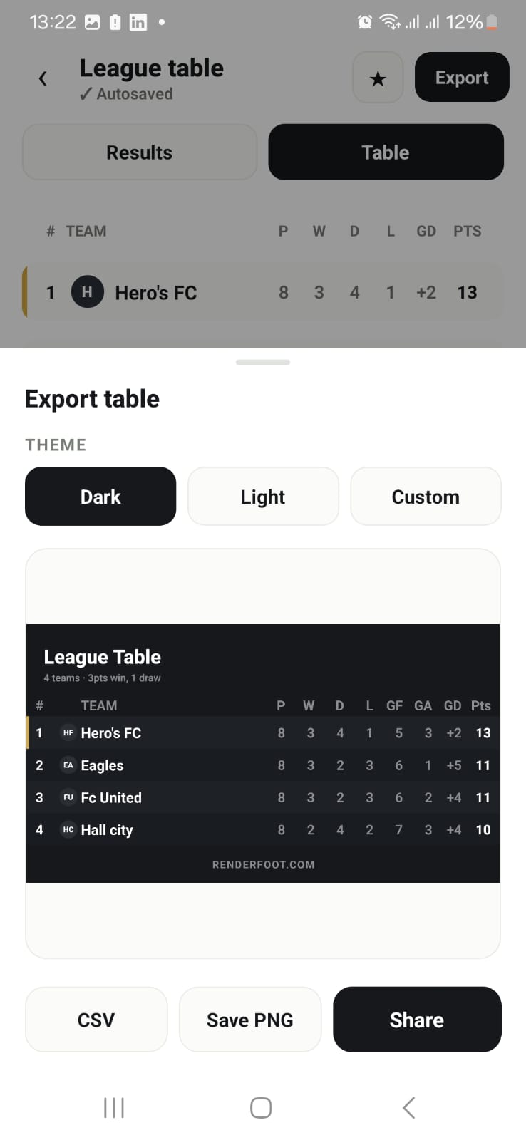 App Renderfoot — tabela de classificação exportada