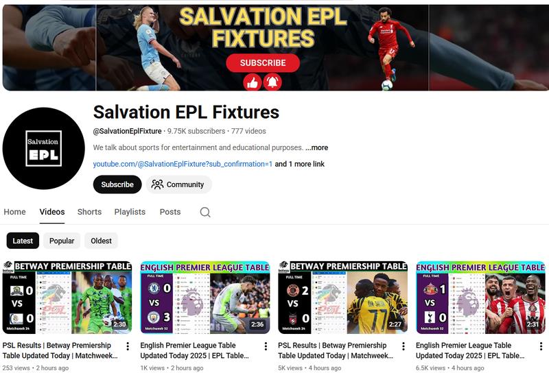 Salvation EPL Fixtures channel stats on SocialBlade